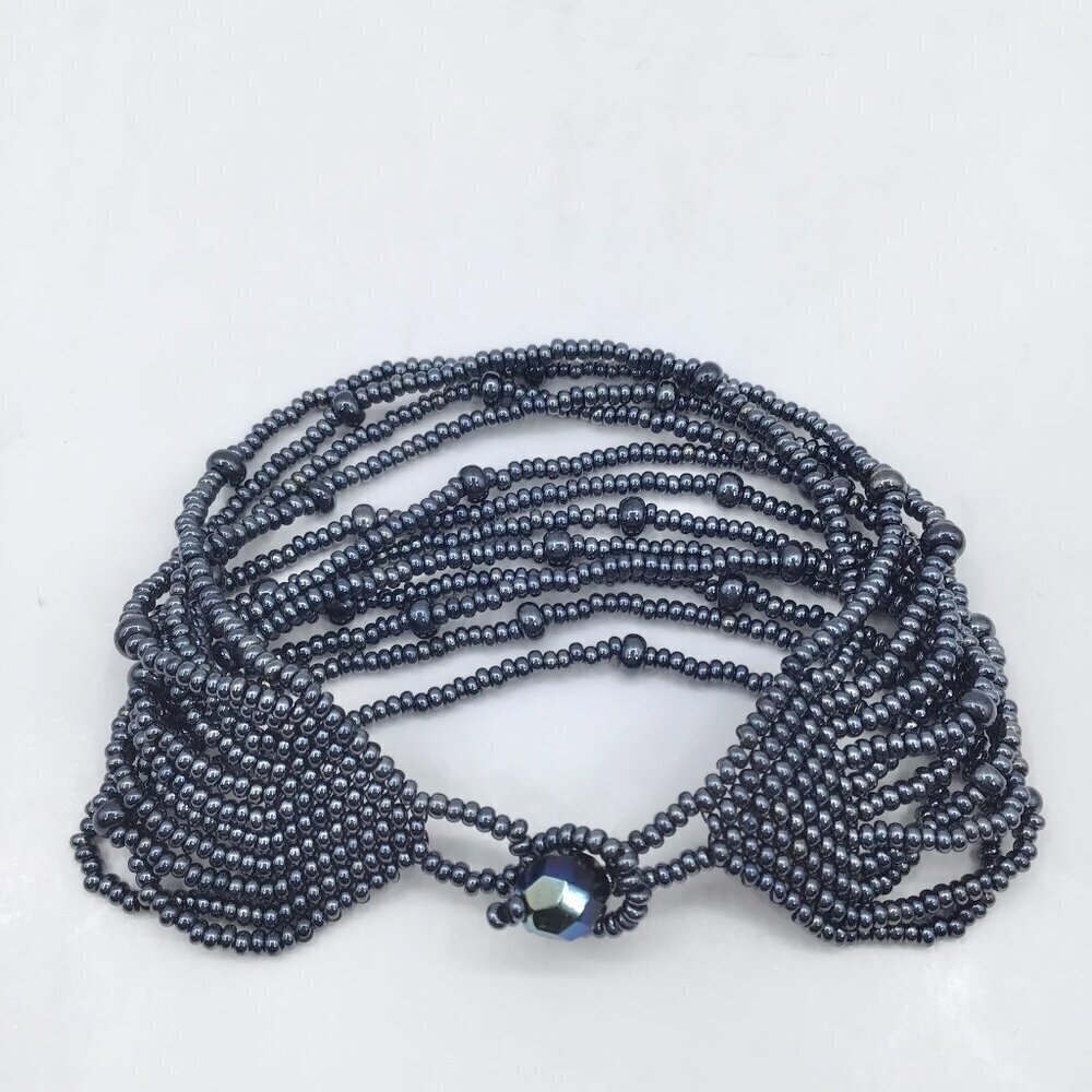 Vintage Women's Hand Beaded Bracelet Seed Beads Multi Strand Adjustable Gunmetal